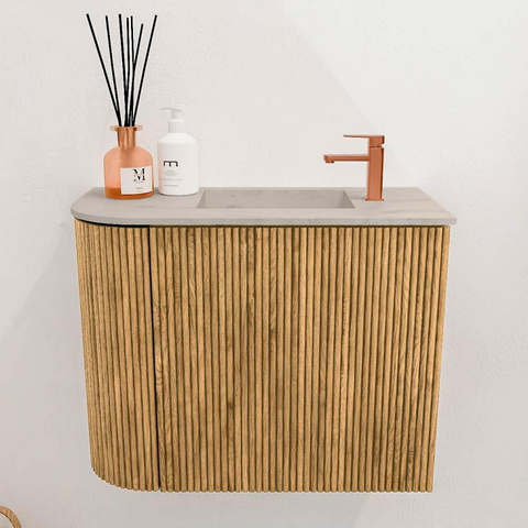 Mondiaz JOYA-DLUX Meuble de toilette 51,6cm - arrondi gauche couleur Chêne - Vasque FAYE position Droite 1 trou de robinet couleur Opalo SW1422139