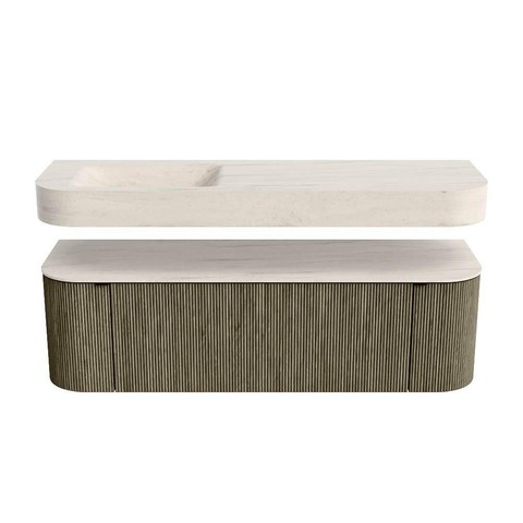 MONDIAZ THOR-DLUX 150cm badmeubel ronding links + rechts kleur Shadow met 1 lade en 2 deuren. Vrijhangende wastafel CLOUD Links 1 kraangat kleur Meli. SW1464795