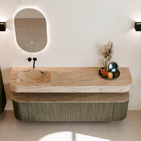 MONDIAZ THOR-DLUX 180cm meuble de salle de bains arrondi gauche + droite couleur Shadow avec 2 tiroirs et 2 portes. Vasque suspendue CLOUD Gauche sans trou de robinet couleur Arena. SW1466156