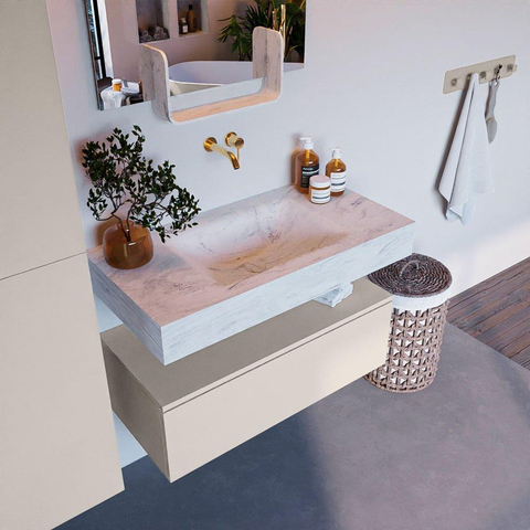 Mondiaz ALAN-DLUX Ensemble de meuble - 90cm - meuble Linen mat - 1 tiroir - Lavabo Cloud Opalo suspendu - vasque Centre - 0 trous de robinet SW806642