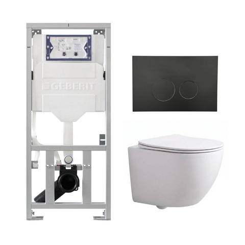 Pack WC QeramiQ Dely Swirl Compact - réservoir encastrable Geberit UP320 - avec bâti-support Burda - abattant 25 mm - plaque de commande en plastique noir mat - boutons ronds - blanc brillant SW1592313