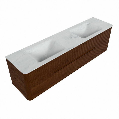 Mondiaz CIRO-DLUX Meuble de salle de bains - 180x45x50cm - Plan vasque Solid surface Opalo - 2 vasques Double - sans perçage pour robinet - 4 tiroirs - Ruby SW1531815