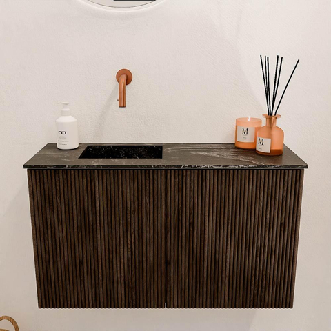 Mondiaz JOYA-DLUX 70cm meuble de salle de bains - couleur Walnut - Vasque FAYE position Gauche Sans trou de robinet couleur Lava. SW1422455