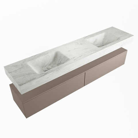 Mondiaz ALAN-DLUX Ensemble de meuble - 200cm - meuble Smoke mat - 2 tiroirs - Lavabo Cloud Opalo suspendu - vasque Gauche et droite - 0 trous de robinet SW806874