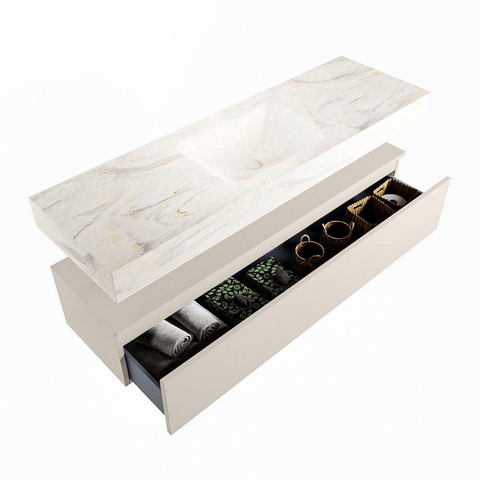 Mondiaz ALAN-DLUX Ensemble de meuble - 150cm - meuble Linen mat - 1 tiroir - Lavabo Cloud Ostra suspendu - vasque Centre - 0 trous de robinet SW807279