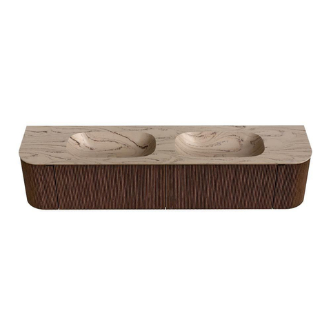 MONDIAZ KURVE-DLUX meuble de salle de bains 200cm arrondi gauche + droite couleur noyer avec 2 tiroirs et 2 portes. Lavabo STOR SMALL double sans trou de robinet Arena. SW1431243