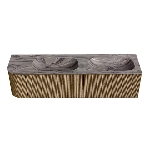 MONDIAZ KURVE-DLUX 175cm meuble de salle de bains avec arrondi à gauche couleur Dusk avec 2 tiroirs et 1 porte. Lavabo STOR SMALL Double / Droite 2 trous de robinet Sombra. SW1433910