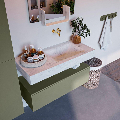 MONDIAZ ALAN - DLUX Ensemble de meuble de salle de bains - 100cm - meuble bas - Army - 1 tiroir - lavabo suspendu - vasque à droite - 0 trous de robinet - Opalo SW806782