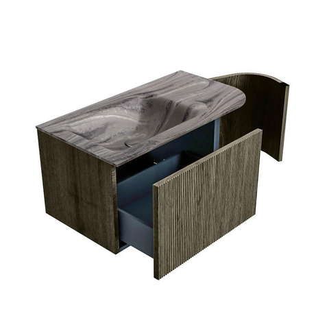MONDIAZ KURVE-DLUX Meuble de salle de bains 85cm arrondi Droite couleur Shadow avec 1 tiroir et 1 porte. Lavabo CLOUD Gauche sans trou de robinet Sombra. SW1433733