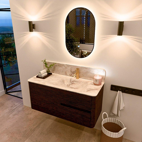 Mondiaz CIRO-DLUX Meuble de salle de bains - 110x45x50cm - Plan vasque solid surface Frappe - 1 vasque à droite - 1 trou de robinet - 2 tiroirs - Noyer SW1530324