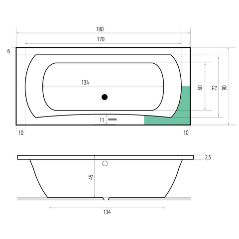 Xenz Robijn Duobad - 190x90x48 - afvoer Midden - acryl - wit SW378332