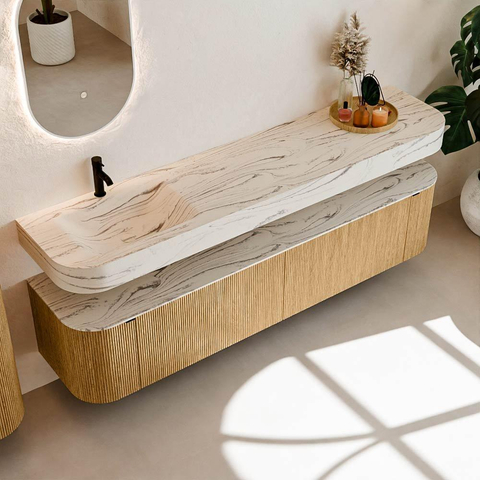 MONDIAZ THOR-DLUX 200cm meuble de salle de bains arrondi gauche + droite couleur Oak avec 2 tiroirs et 2 portes. Vasque suspendue CLOUD gauche 1 trou de robinet couleur Nata. SW1467147