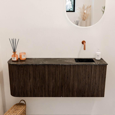 Mondiaz JOYA-DLUX Meuble de salle de bains 111.6cm - arrondi gauche couleur Walnut - Vasque FAYE position Droite Sans trou de robinet couleur Lava SW1422498