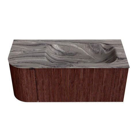 MONDIAZ KURVE-DLUX Meuble de salle de bains 105cm arrondi à gauche couleur Ruby avec 1 tiroir et 1 porte. Vasque BIG SMALL à droite sans trou de robinet Sombra. SW1433935