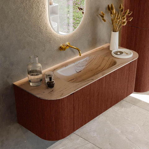 MONDIAZ KURVE-DLUX Meuble de salle de bains 130cm arrondi gauche + droite couleur Ruby avec 1 tiroir et 2 portes. Lavabo BIG SMALL central sans trou de robinet Arena. SW1431494