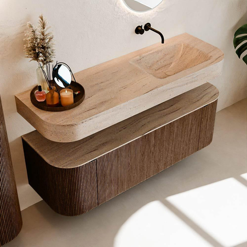MONDIAZ THOR-DLUX 140cm badmeubel ronding links + rechts kleur Walnut met 1 lade en 2 deuren. Vrijhangende wastafel CLOUD Rechts zonder kraangat kleur Saba. SW1464326