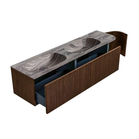 MONDIAZ KURVE-DLUX Meuble de salle de bains 175cm arrondi à droite couleur Walnut avec 2 tiroirs et 1 porte. Lavabo STOR SMALL Double / Gauche sans trou de robinet Sombra. SW1433716