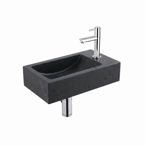 FugaFlow Eccelente Pietra ensemble de lavabo - 22x40x10cm - 1 trou de robinet - droite - pierre naturelle - robinet de lavabo chrome - foncé SW1469017