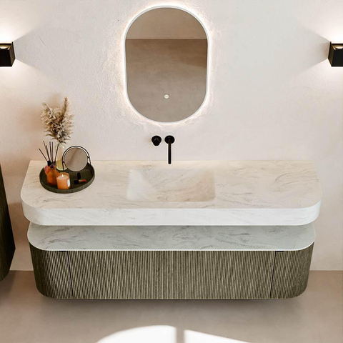 MONDIAZ THOR-DLUX 170cm meuble de salle de bains arrondi gauche + droite couleur Shadow avec 1 tiroir et 2 portes. Vasque suspendue CLOUD Milieu sans trou de robinet couleur Opalo. SW1465546