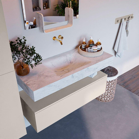 Mondiaz ALAN-DLUX Ensemble de meuble - 110cm - meuble Linen mat - 1 tiroir - Lavabo Cloud Opalo suspendu - vasque Centre - 0 trous de robinet SW806441