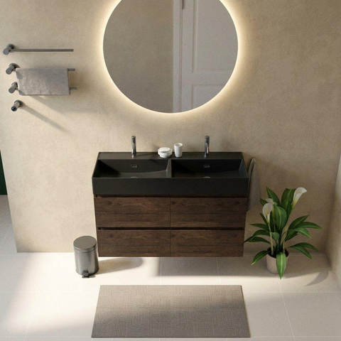 Saniclass Holz Pure Badkamermeubelset - 120x45x72cm - Legend keramische wastafel mat zwart - 2 wasbakken - 2 kraangaten - 4 lades - mat eiken charcoal (hout) SW1580193