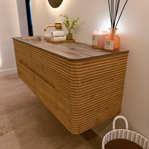 Mondiaz CIRO-DLUX Meuble de salle de bains - 140x45x50cm - vasque solid surface Sombra - 1 lavabo à gauche - sans trous de robinetterie - 4 tiroirs - Chêne SW1531259