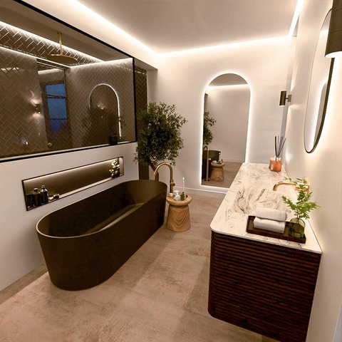 Mondiaz CIRO-DLUX Meuble de salle de bains - 190x45x50cm - plan-vasque en Solid surface Glace - 1 lavabo à droite - sans trous de robinetterie - 4 tiroirs - Noyer SW1530129