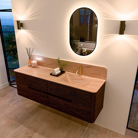 Mondiaz CIRO-DLUX Meuble de salle de bains - 160x45x50cm - vasque en solid surface Saba - 1 lavabo à droite - 1 trou de robinet - 4 tiroirs - Noyer SW1530699