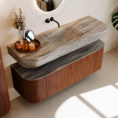 MONDIAZ THOR-DLUX 140cm meuble de salle de bains arrondi gauche + droite couleur Ruby avec 1 tiroir et 2 portes. Vasque suspendue CLOUD Milieu sans trou de robinet couleur Oza. SW1464284