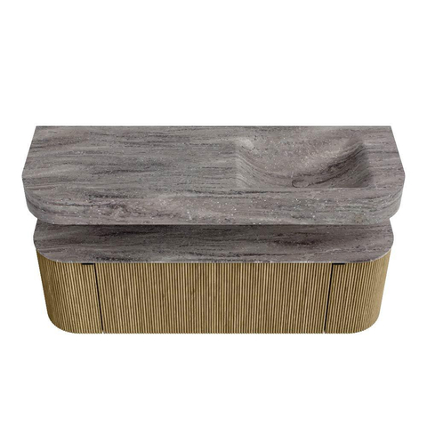 MONDIAZ THOR-DLUX 140cm meuble de salle de bains arrondi gauche + droite couleur Dusk avec 1 tiroir et 2 portes. Vasque suspendue CLOUD Droite 1 trou de robinet couleur Oza. SW1464280