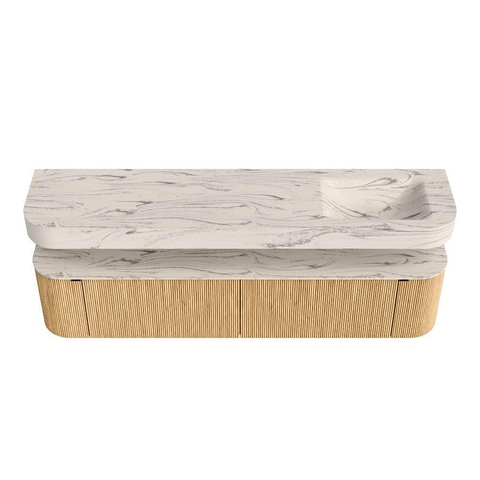 MONDIAZ THOR-DLUX 200cm meuble de salle de bains arrondi gauche + droite couleur Oak avec 2 tiroirs et 2 portes. Vasque suspendue CLOUD Droite sans trou de robinet couleur Nata. SW1467137
