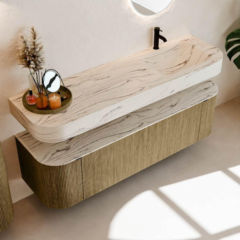 MONDIAZ THOR-DLUX 160cm meuble de salle de bains arrondi gauche + droite couleur Dusk avec 1 tiroir et 2 portes. Vasque suspendue CLOUD droite 1 trou de robinet couleur Nata. SW1465286