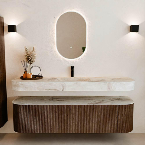 MONDIAZ THOR-DLUX 170cm badmeubel ronding links + rechts kleur Walnut met 1 lade en 2 deuren. Vrijhangende wastafel CLOUD Midden 1 kraangat kleur Frappe. SW1465566