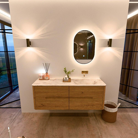 Mondiaz CIRO-DLUX Meuble de salle de bains - 140x45x50cm - Plan vasque solid surface Frappe - 1 vasque à droite - sans trous de robinetterie - 4 tiroirs - Chêne SW1530881