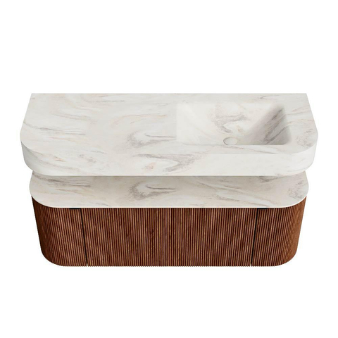 MONDIAZ THOR-DLUX 130cm meuble de salle de bains arrondi gauche + droite couleur Ruby avec 1 tiroir et 2 portes. Vasque suspendue CLOUD droite sans trou de robinet couleur Ostra. SW1463694