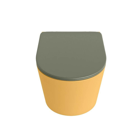 Mondiaz LAVIE hangtoilet – spoelrandloos – 36 x 53 cm – met softclose zitting – Ocher (geel), zitting Army (groen) SW1208575