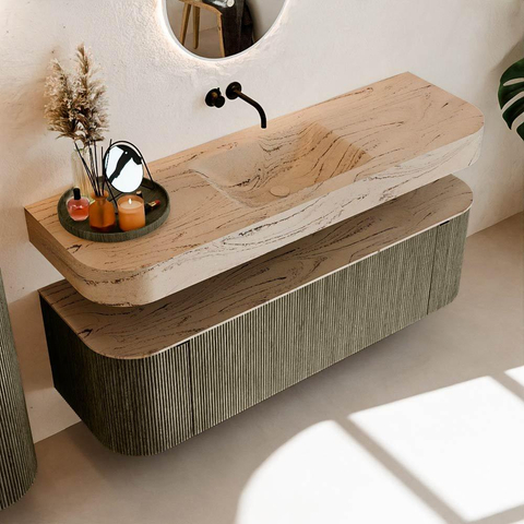 MONDIAZ THOR-DLUX 150cm meuble de salle de bains arrondi gauche + droite couleur Shadow avec 1 tiroir et 2 portes. Vasque suspendue CLOUD Milieu sans trou de robinet couleur Arena. SW1464764