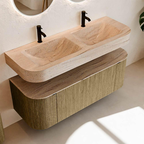 MONDIAZ THOR-DLUX Meuble de salle de bains 130cm arrondi gauche + droite couleur Dusk avec 1 tiroir et 2 portes. Vasque suspendue CLOUD Double 2 trous de robinet couleur Saba. SW1464061