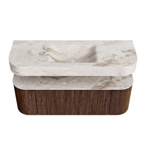 MONDIAZ THOR-DLUX 130cm meuble de salle de bains arrondi gauche + droite couleur Walnut avec 1 tiroir et 2 portes. Vasque suspendue CLOUD Milieu sans trou de robinet couleur Frappe. SW1463560