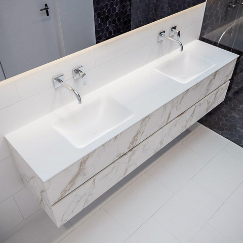 ENSEMBLE DE MEUBLE MONDIAZ VICA - 200cm - 4 tiroirs - lavabo Cloud double - 0 trous de robinet - solid surface marbre carrara SW410361