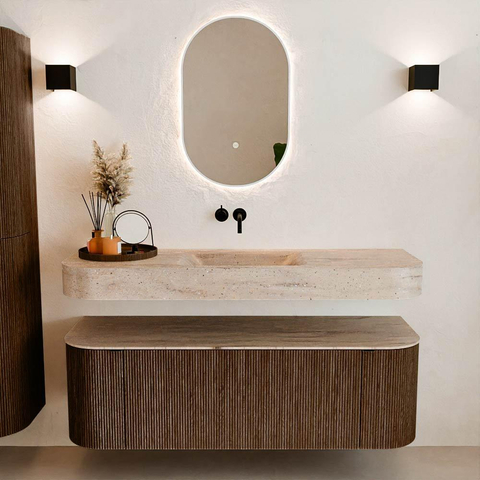 MONDIAZ THOR-DLUX 140cm badmeubel ronding links + rechts kleur Walnut met 1 lade en 2 deuren. Vrijhangende wastafel CLOUD Midden zonder kraangat kleur Saba. SW1464304