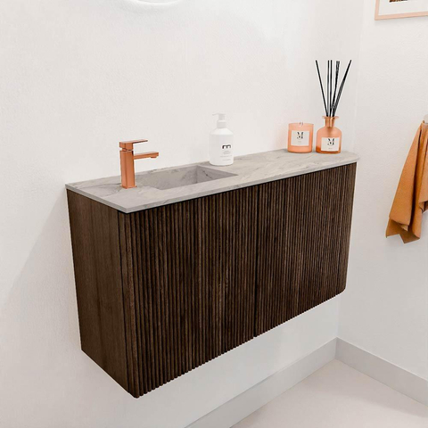 Mondiaz JOYA-DLUX 81.6cm toiletmeubel - ronding rechts kleur Walnut - Wastafel FAYE positie Links 1 kraangat kleur Glace. SW1422402