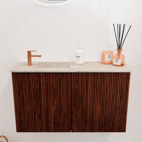 Mondiaz JOYA-DLUX 70cm toiletmeubel - kleur Ruby - Wastafel FAYE positie Links 1 kraangat kleur Frappe. SW1423479