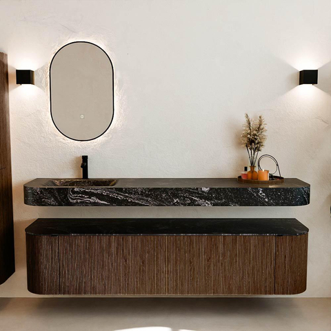 MONDIAZ THOR-DLUX 190cm badmeubel ronding links + rechts kleur Walnut met 2 lades en 2 deuren. Vrijhangende wastafel CLOUD Links 1 kraangat kleur Lava. SW1466226