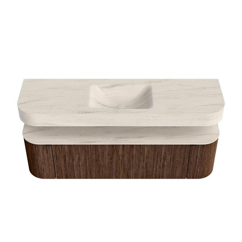 MONDIAZ THOR-DLUX 160cm meuble de salle de bains arrondi gauche + droite couleur Walnut avec 1 tiroir et 2 portes. Vasque suspendue CLOUD Milieu 1 trou de robinet couleur Meli. SW1465159