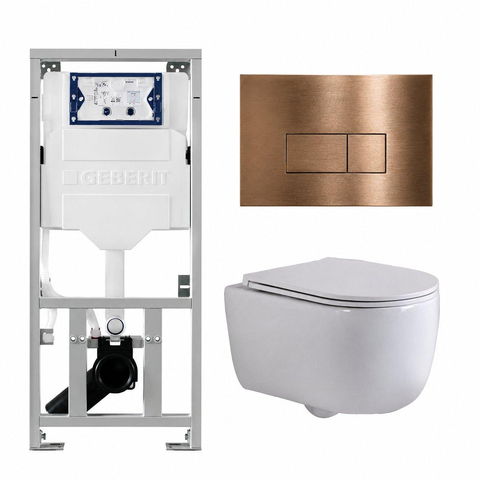 QeramiQ Dely Swirl Toiletset - 36.3x51.7cm - Geberit UP320 inbouwreservoir - met Burda frame - slim zitting - koperen bedieningsplaat - rechthoekige knoppen - glans wit SW1126093