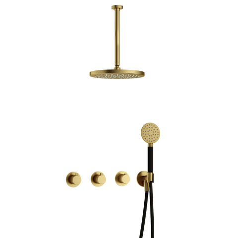 Hotbath Cobber IBS70 Regendoucheset - inbouw - 30cm plafondarm - 30cm ronde hoofddouche - 3 standen handdouche - PVD - geborsteld messing (goud) SW677683