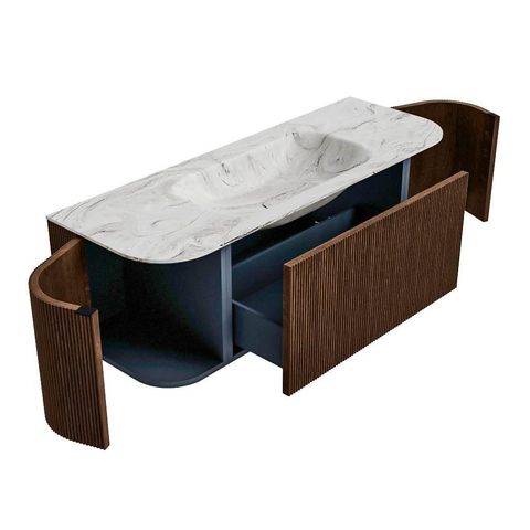 MONDIAZ KURVE-DLUX meuble de salle de bains 130 cm avec module 25 Len R couleur Walnut avec 1 tiroir et 2 portes. Lavabo BIG SMALL central 1 trou de robinet couleur Glace. SW1138033