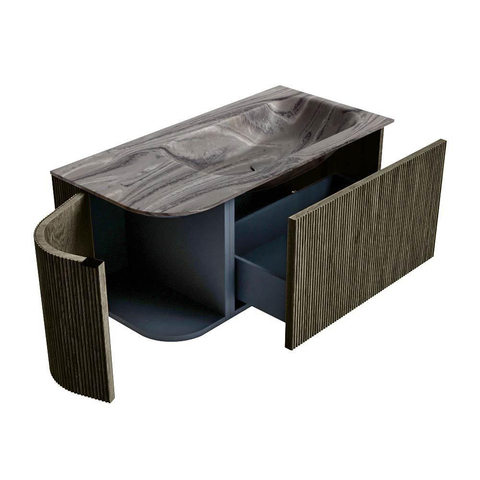 MONDIAZ KURVE-DLUX Meuble de salle de bains 95cm arrondi à gauche couleur Shadow avec 1 tiroir et 1 porte. Vasque BIG SMALL droite sans trou de robinet Sombra. SW1433741