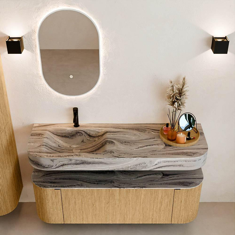 MONDIAZ THOR-DLUX 140cm badmeubel ronding links + rechts kleur Oak met 1 lade en 2 deuren. Vrijhangende wastafel CLOUD Links 1 kraangat kleur Sombra. SW1464341